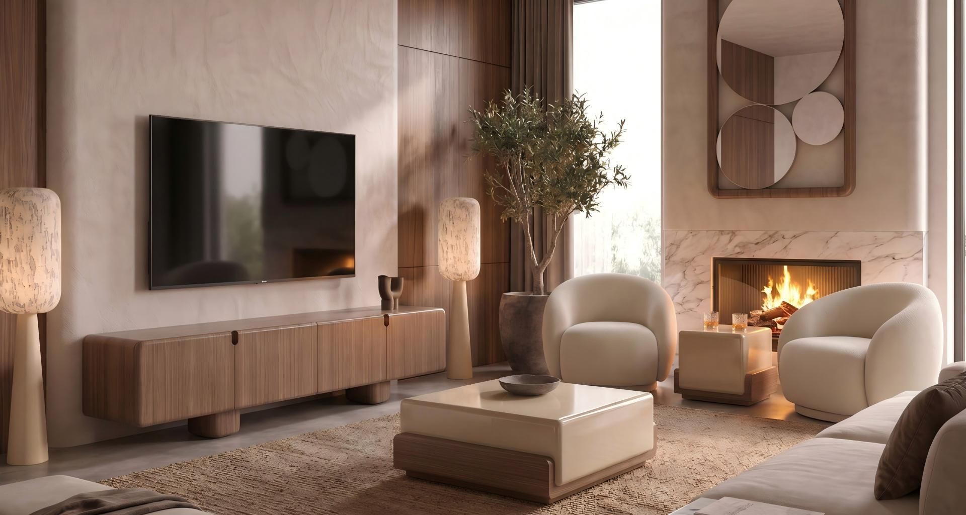 Salón con mueble de televisión de madera, dos butacas claras, mesa de centro y chimenea encendida