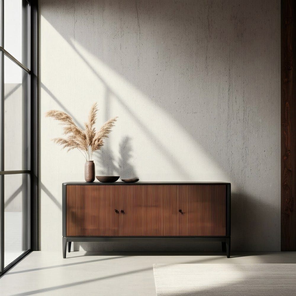 Aparador de madera con puertas acanaladas y un jarrón con hierba de la Pampa junto a una ventana de perfil negro
